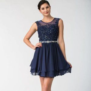 SHORT ILLUSION DRESS WITH BEADED LACE APPLIQUES BY STAR BOX 6171
